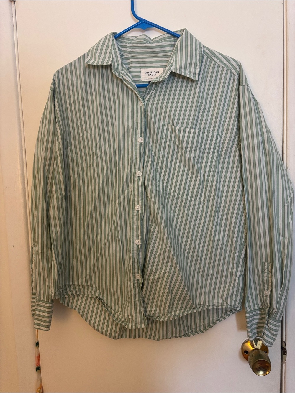 American Eagle Light Green and White Striped Button-Down Shirt size XXS